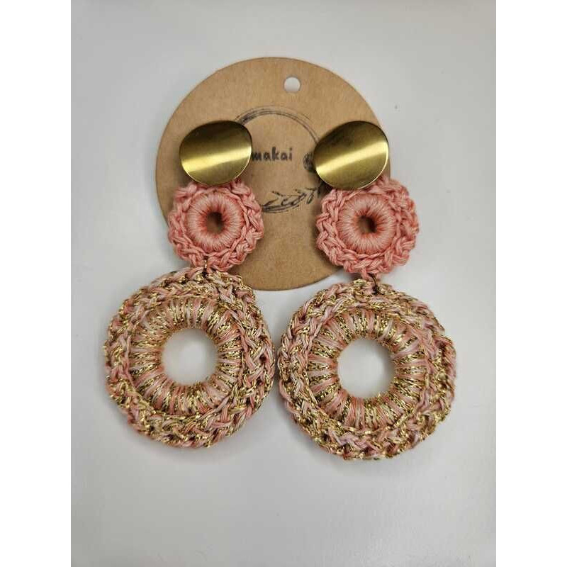 Brincos croché rosa e dourado