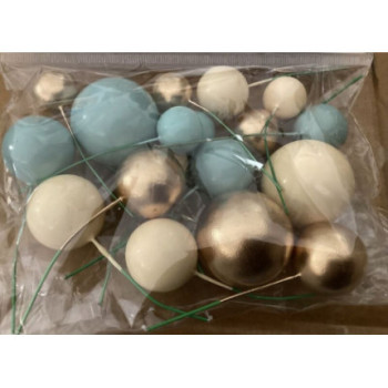 18 bolas decorativas creme, azul e ouro