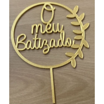 Topo de bolo O meu Batizado redondo folhas 14,5cm ouro