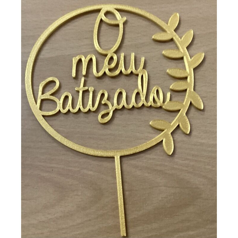 Topo de bolo O meu Batizado redondo folhas 14,5cm ouro