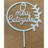 Topo de bolo O meu Batizado redondo folhas 14,5cm branco