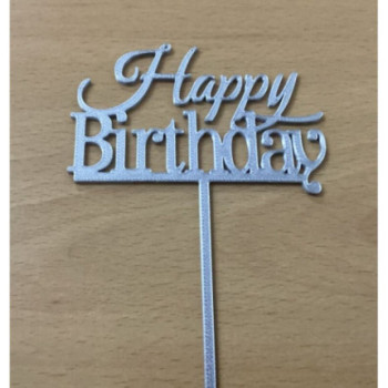 Topo de bolo Happy Birthay 10cm prata