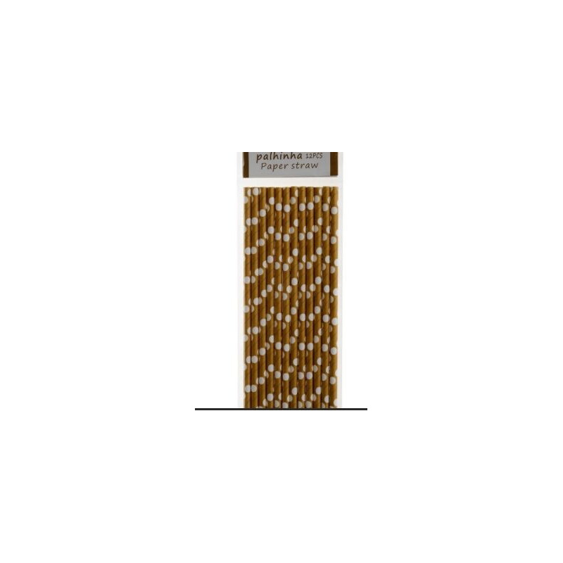 Palhinhas douradas bolas brancas 12 pcas