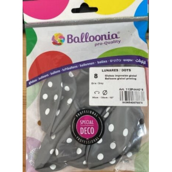 Saco c/8 Balões 95cm perímetro pintas, cinzento com bolinhas brancas