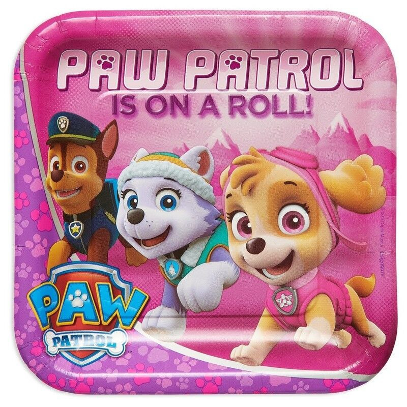 8 Pratos quadrados patrulha Pata rosa