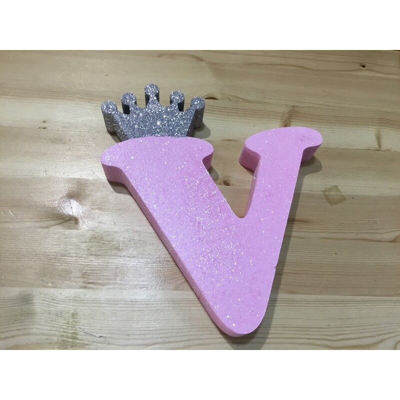 Letra V 18 cm Esferovite Rosa Com Coroa Prata