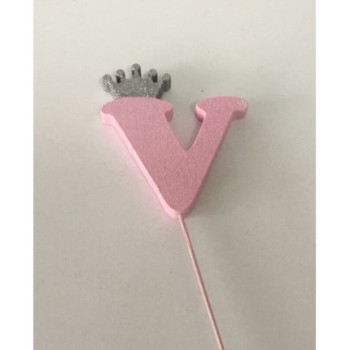 Letra V 10 cm esferovite rosa com coroa prata