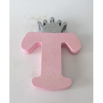 Letra T 18 cm Esferovite Rosa com Coroa Prata