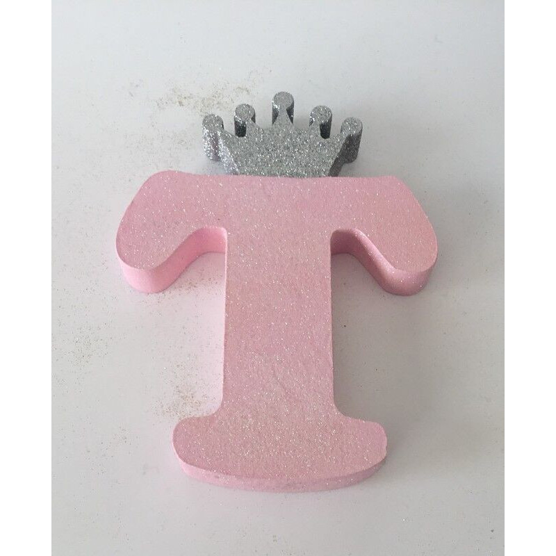 Letra T 18 cm Esferovite Rosa com Coroa Prata