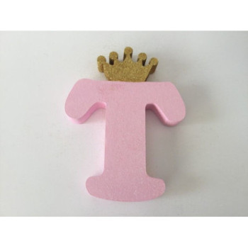 Letra T 18cm rosa com coroa ouro