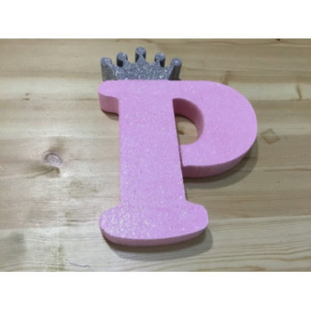 Letra P 18cm  rosa com coroa prata