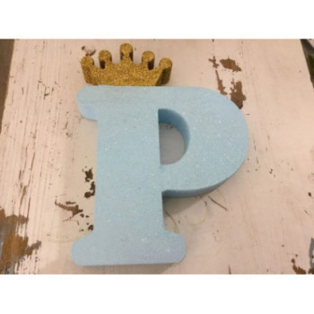 Letra P 10 cm esferovite azul com coroa prata