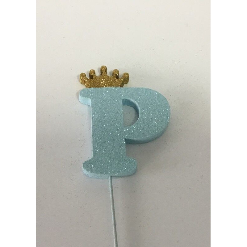 Letra P 10 cm esferovite azul com coroa ouro