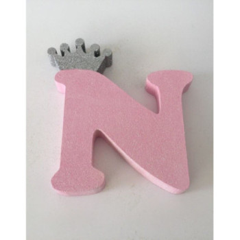 Letra N 18 cm Esferovite Rosa com Coroa Prata