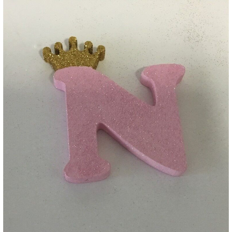 Letra N 10 cm esferovite rosa com coroa ouro