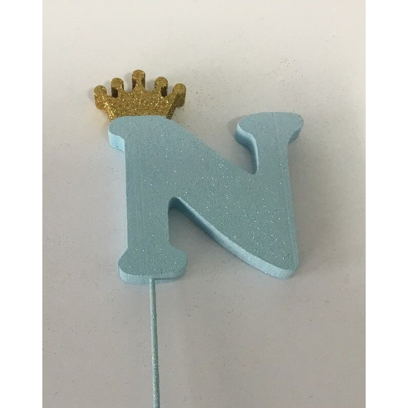Letra N 10 cm esferovite azul com coroa ouro