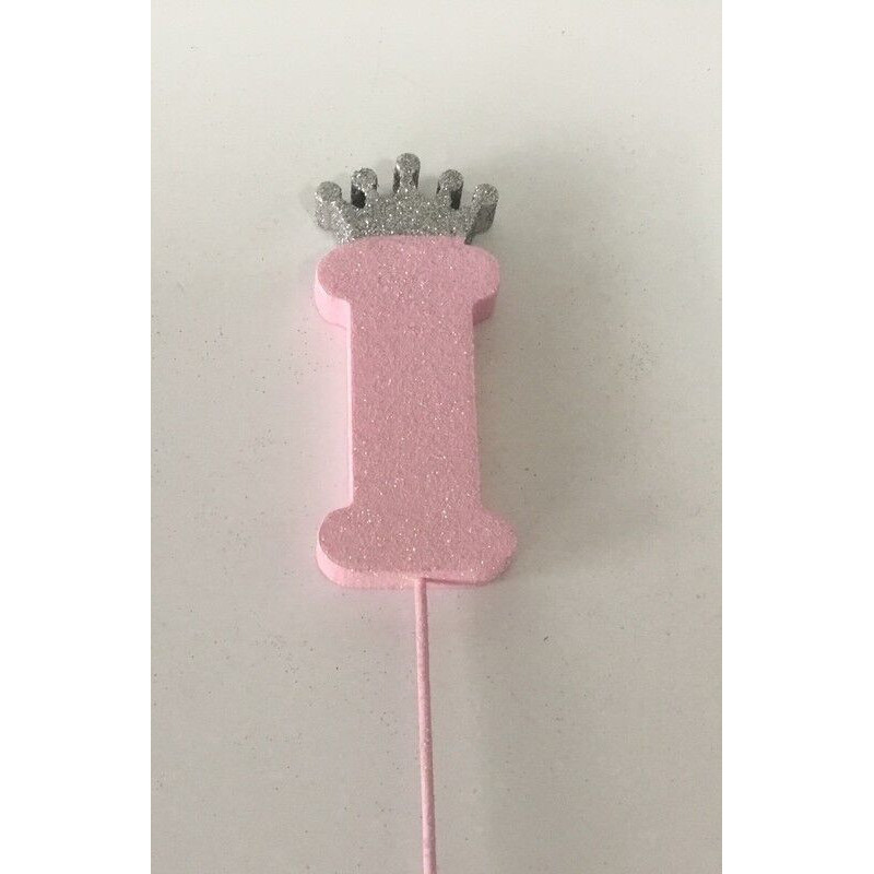 Letra I 10 cm Esferovite Rosa com Coroa Prata