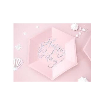 6 Pratos Happy B'day rosa, 20 cm