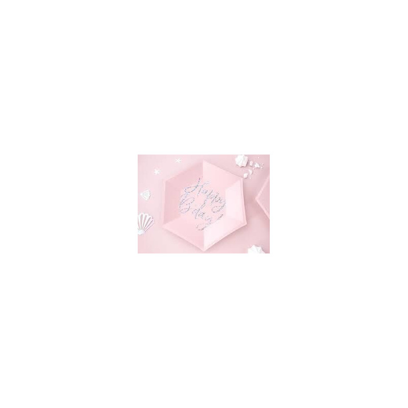 6 Pratos Happy B'day rosa, 20 cm