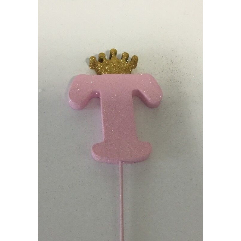 Letra T esferovite rosa 10 cm com coroa ouro