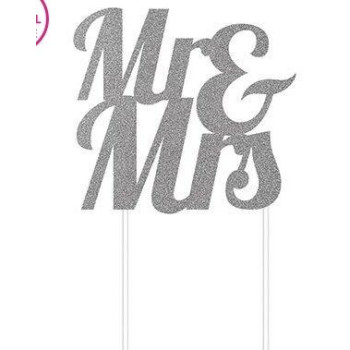 Topo de bolo glitter Mr & Mrs Prata