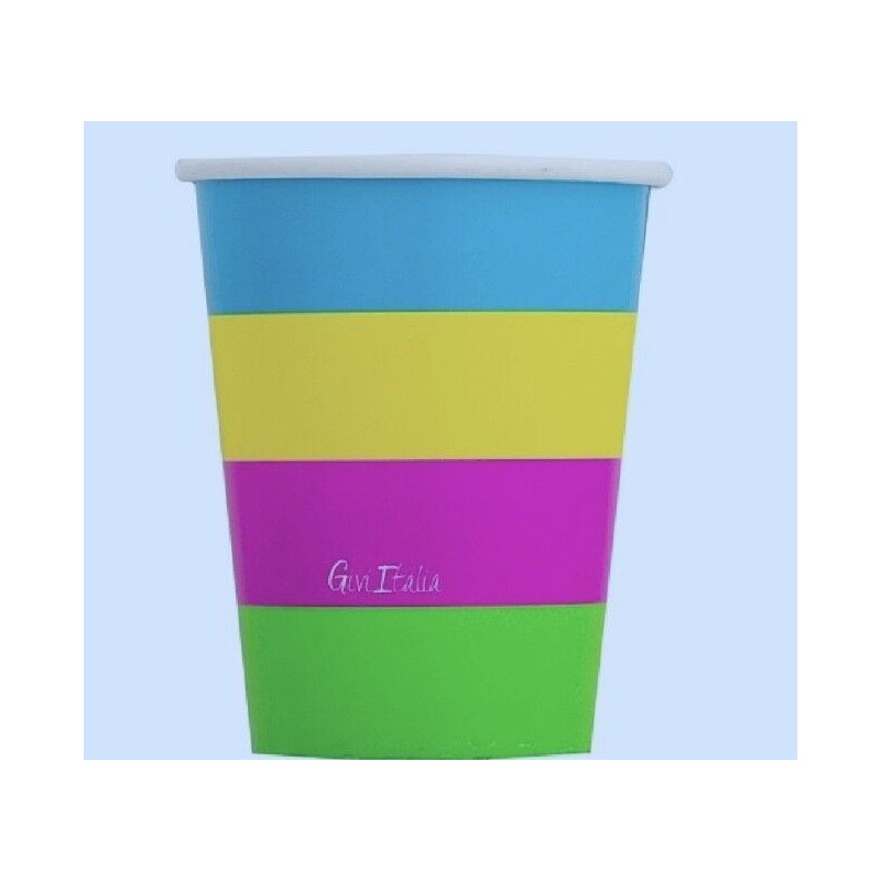 Copos de Papel 250 cc, Riscas Cores Fluorescentes, pack 8