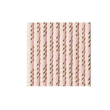 10 Palhinhas Rosa-Tiras Douradas Papel
