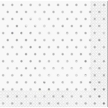 16 guardanapos brancos bolinhas prata 33x33cm