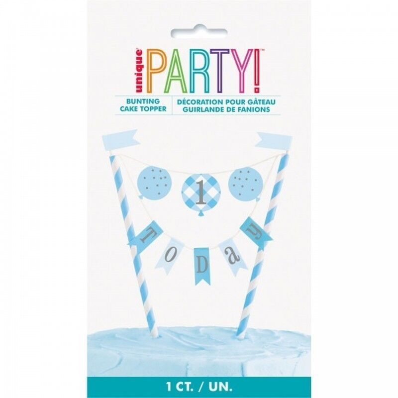 Blue Gingham 1st Birthday Bunting Cake Topper