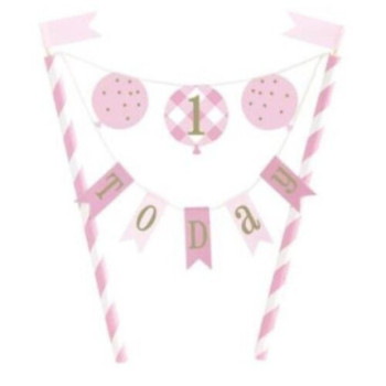 Pink Gingham 1st Birthday Bunting Cake Topper