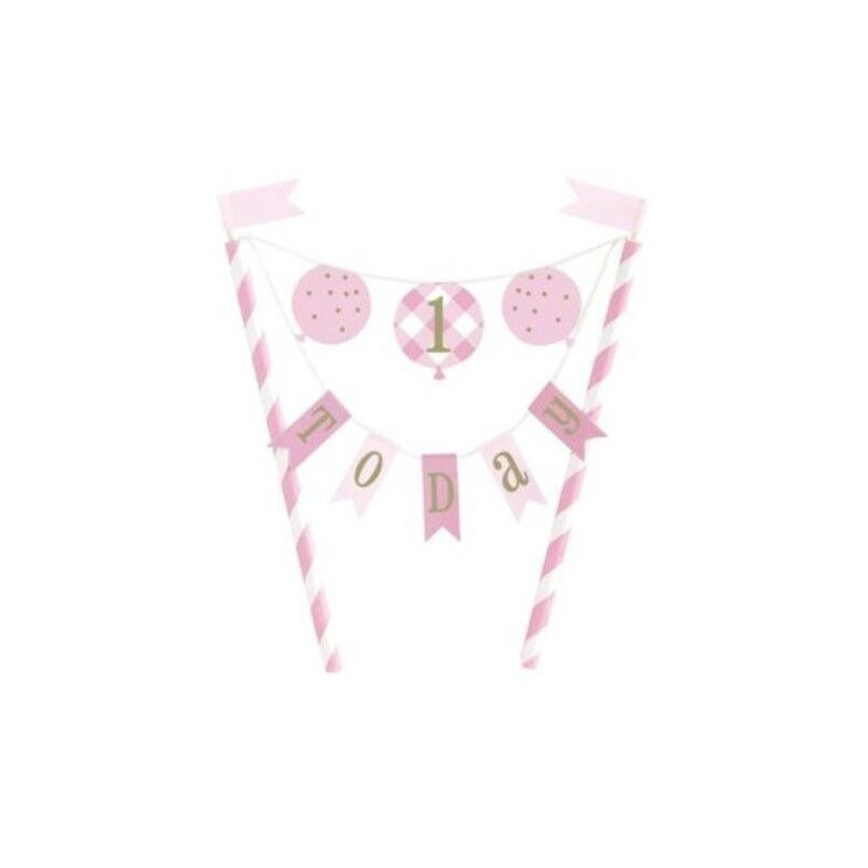 Pink Gingham 1st Birthday Bunting Cake Topper