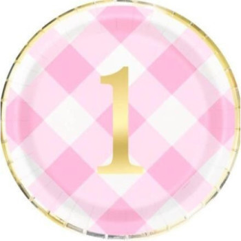 8 Pratos Rosa 1st Birthday Round 9 polegadas