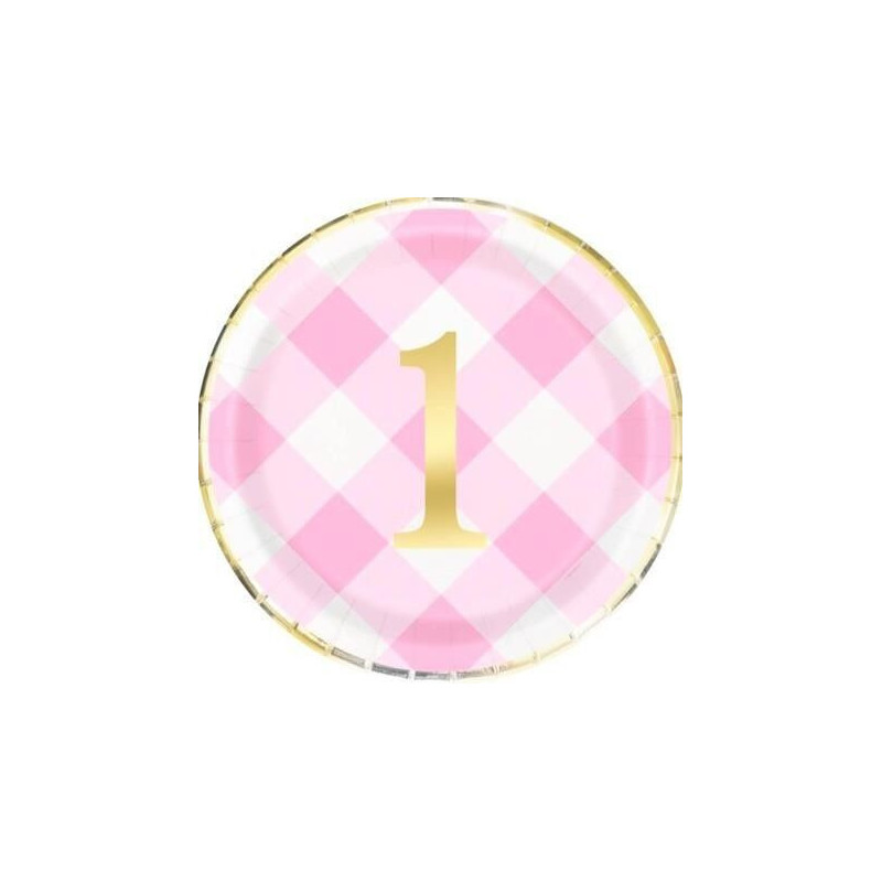 8 Pratos Rosa 1st Birthday Round 9 polegadas