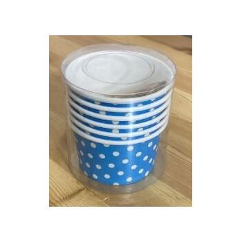 6 Taças com colher azul com bolinhas brancas