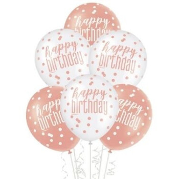 6 Balões latex 12" Happy birthday Rose Gold