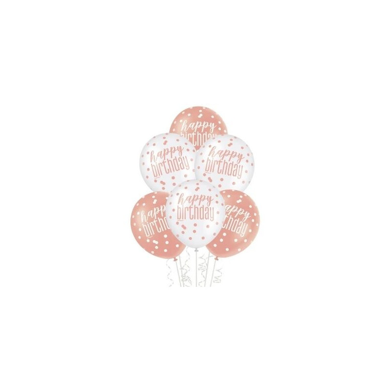 6 Balões latex 12" Happy birthday Rose Gold