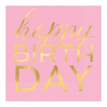 16 Guardanapos Rosa Happy Birthday Dourado 33cm