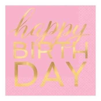 16 Guardanapos Rosa Happy Birthday Dourado 33cm