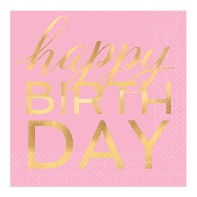 16 Guardanapos Rosa Happy Birthday Dourado 33cm