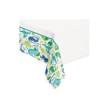 Toalha Mesa Plástico Dinossauros Azuis e Verdes 2.13x1.37m