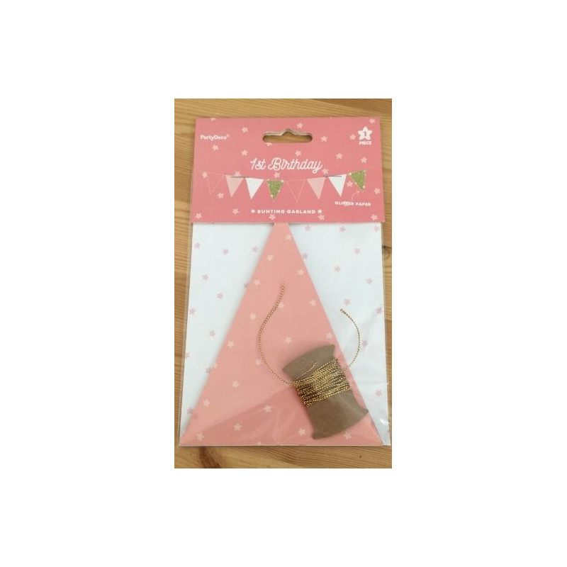 Grinalda de Bandeirolas Rosa e Ouro Glitter 1.3m