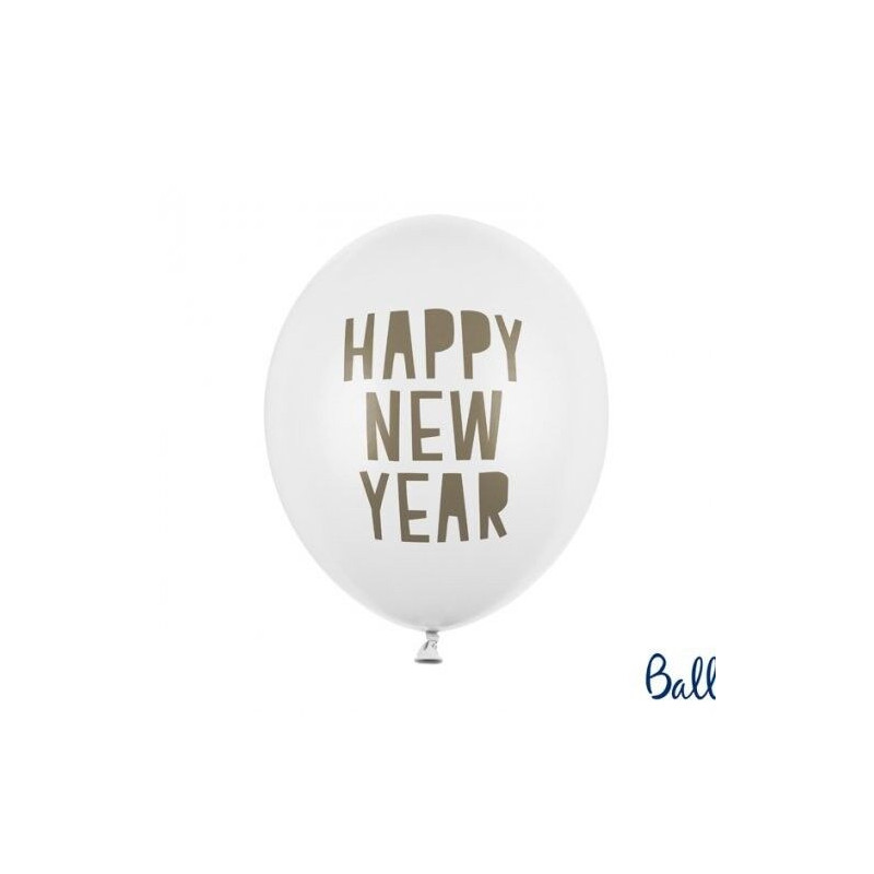 6 Balões Latex 30cm Happy New Year branco