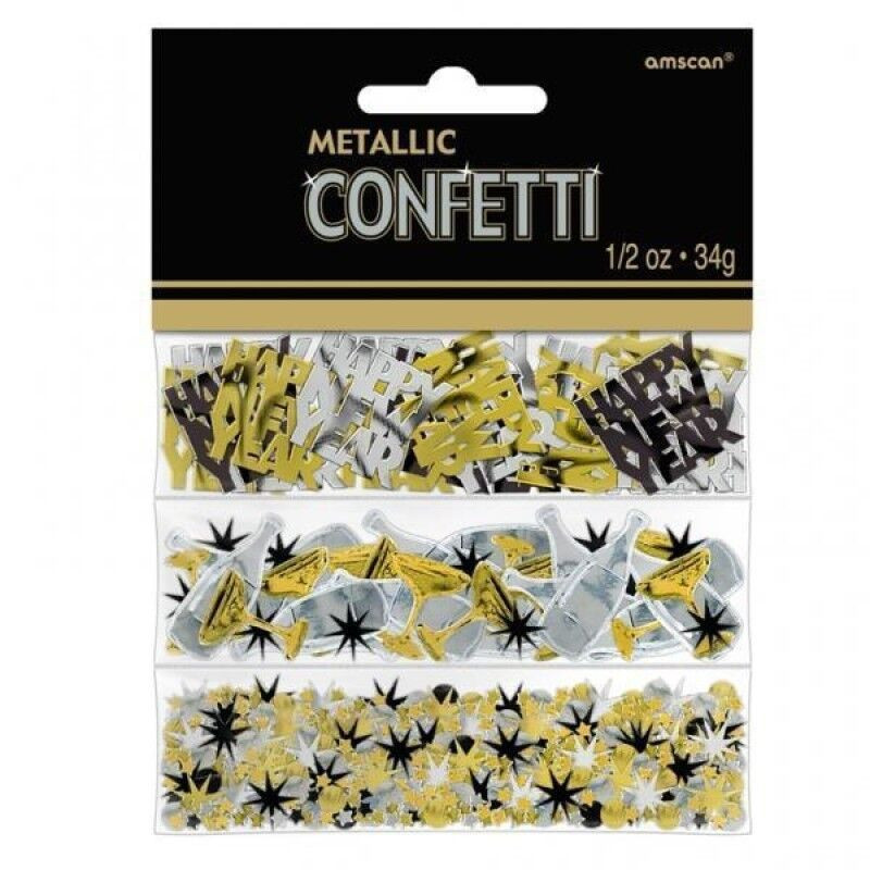 Confettis Happy New Year , preto , dourado , prateado