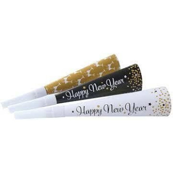 Trompetas happy new year , branco , preto , dourado