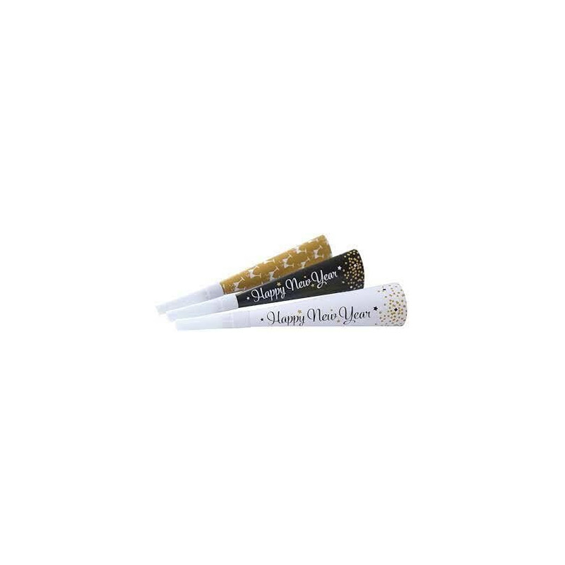 Trompetas happy new year , branco , preto , dourado