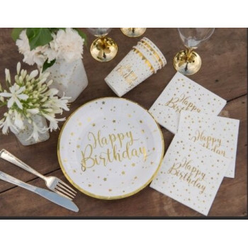 20 Guardanapos Branco/ouro " Happy Birthday " 12.5cm