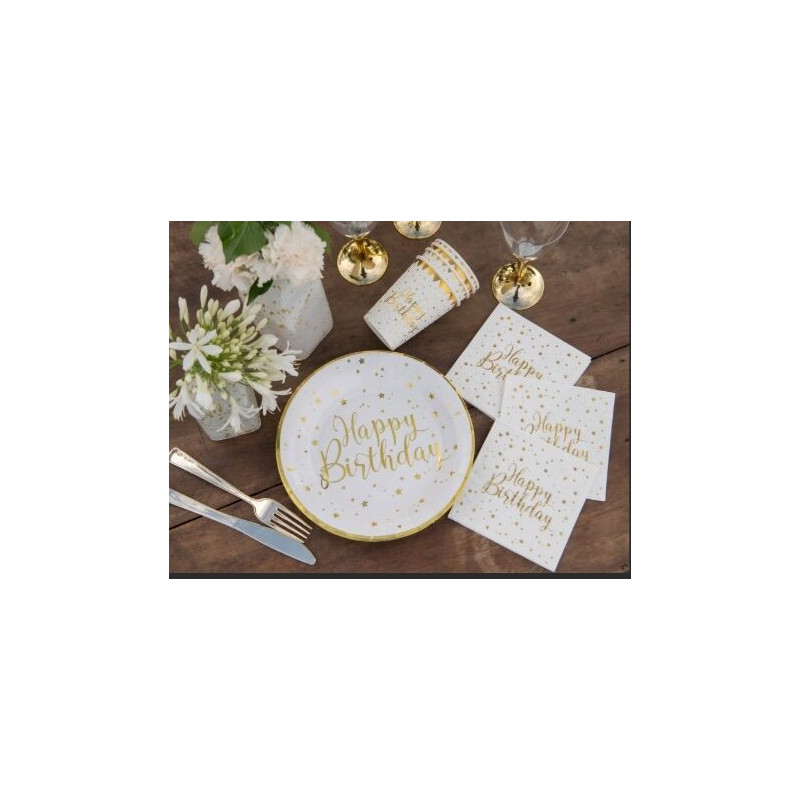 20 Guardanapos Branco/ouro " Happy Birthday " 12.5cm