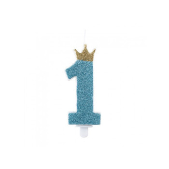Vela nº1 ,azul , coroa dourada c/glitter , 9cm