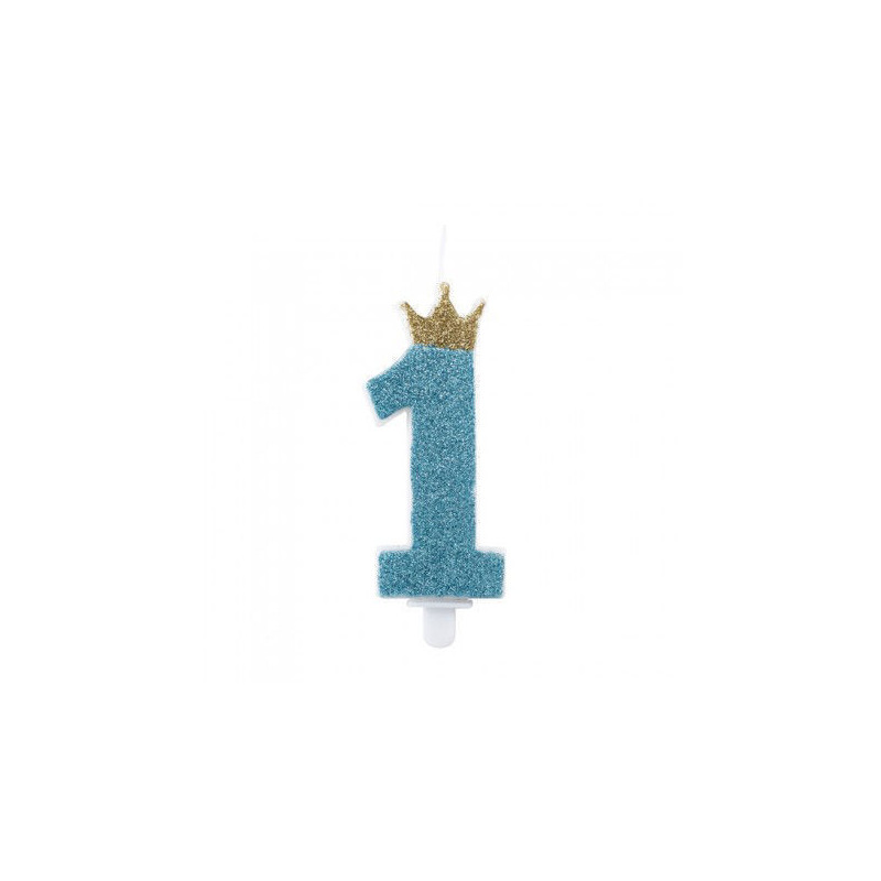 Vela nº1 ,azul , coroa dourada c/glitter , 9cm