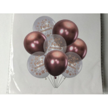 8 balés feliz aniversário clear e rose Gold 25 cm
